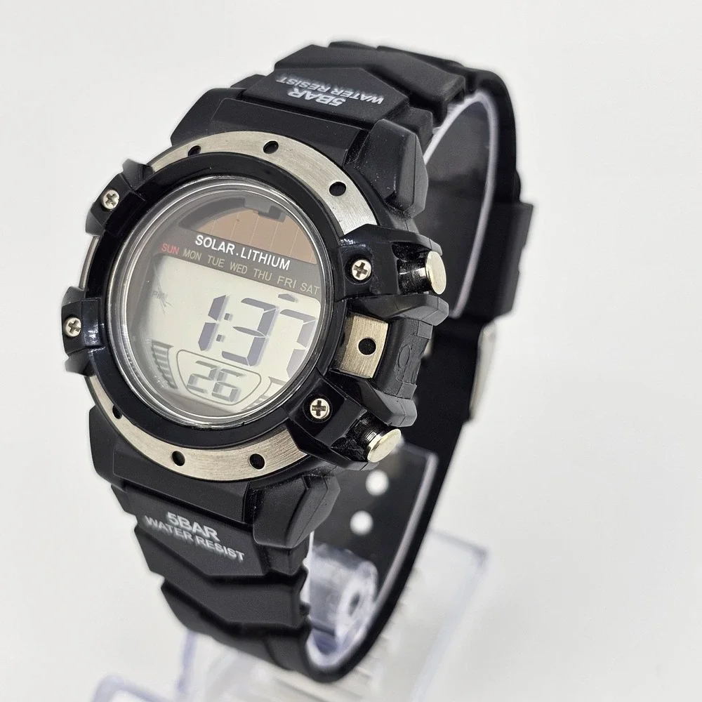 Men's Sports Digital‎ Watch 42MM Black Case Black Plastic Bands LED